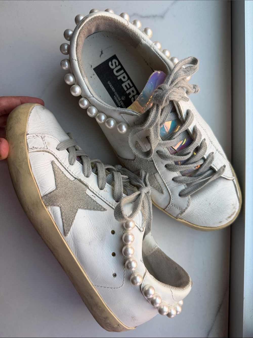 Golden Goose Pearl-Embellished White Superstar Sneakers Size 35